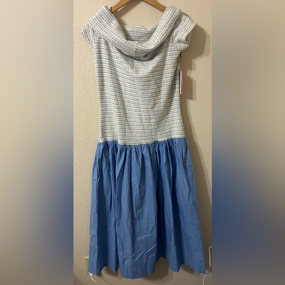 NWT Never A Wallflower Off the Shoulder Dress Beryl Knit Blue & White Size Large - Picture 6 of 7